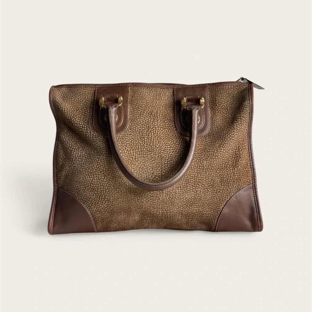 BORBONESE By Redwall Vintage Quail Pattern Textured Suede Brown Handbag